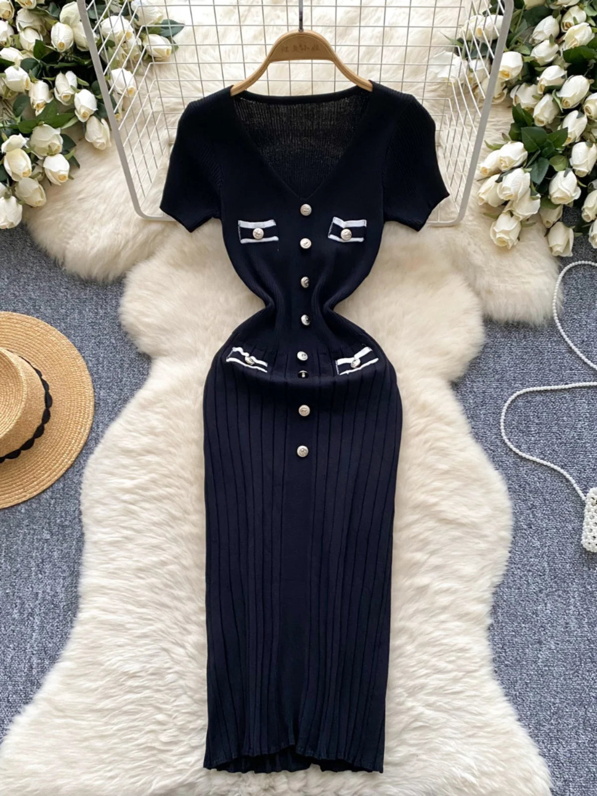 Korean Fashion Women's Solid V Neck Elegant Slim Short Sleeved Dress Summer Single Breasted Office Lady Holiday Knitted Dresses