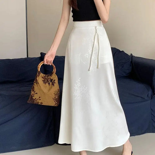 Load image into Gallery viewer, Vintage White Elegant High Waist Jacquard Skirt Women 2024 Spring Summer New Chinese Style Fashion Black Temperament Long Skirt
