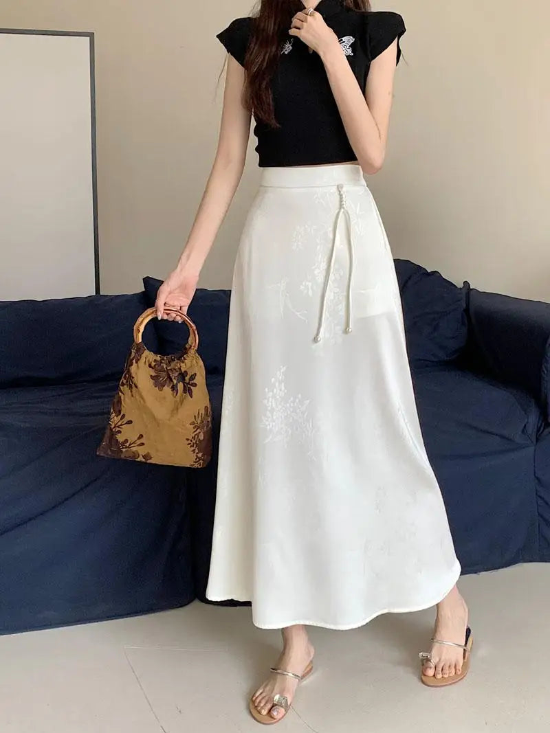 Vintage White Elegant High Waist Jacquard Skirt Women 2024 Spring Summer New Chinese Style Fashion Black Temperament Long Skirt