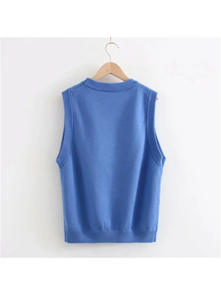 Women's Cartoon Embroidery Knitted Sweaters Blue Sleeveless Vest Winter Warm O-Neck Female Jumpers Pullovers