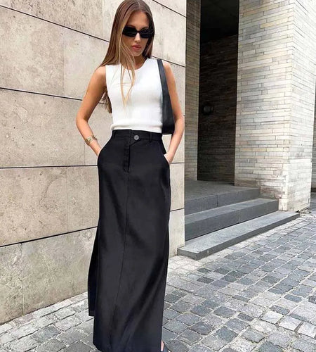 Black Loose Long Skirts Women A-Line Zip Skirts Ladies Elegant Summer Skirts Female With Pocket Ankle-Length Skirts