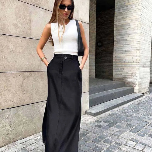 Load image into Gallery viewer, Black Loose Long Skirts Women A-Line Zip Skirts Ladies Elegant Summer Skirts Female With Pocket Ankle-Length Skirts
