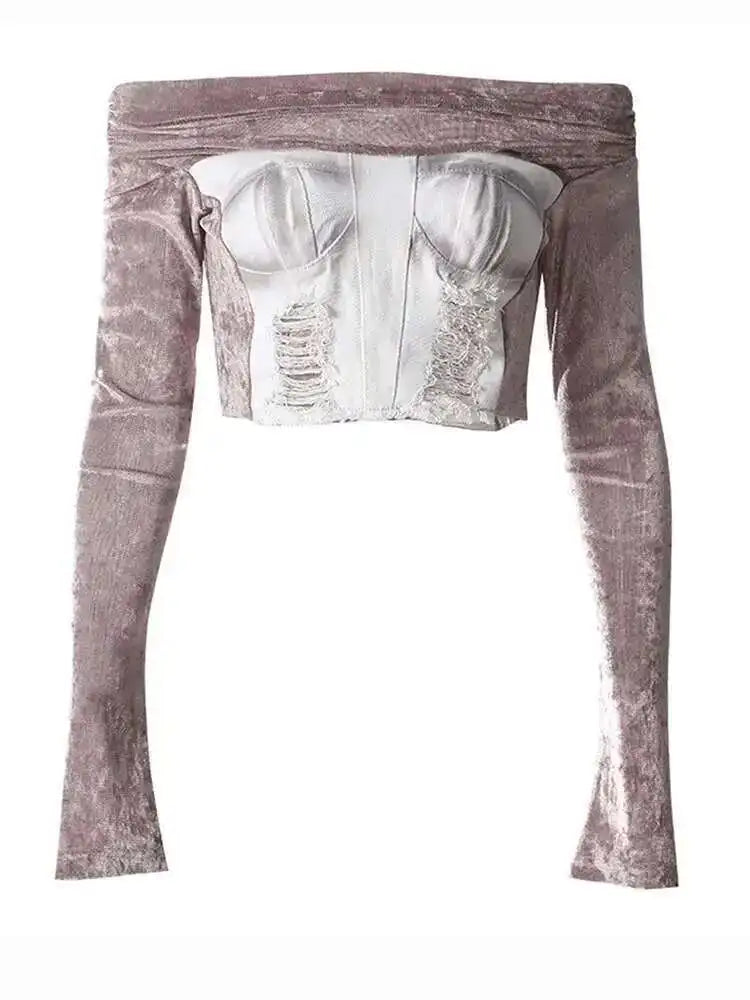 Velvet Denim T-shirt Half-body Skirt Two Pieces Suit New Slash Neck Long Sleeve Women Fashion Spring Autumn 2025 7AB6039