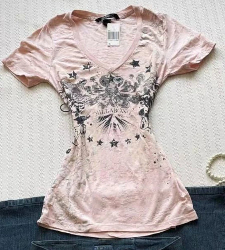 Women Vintage Print All Match Slim Waist Tees Streetwear Grunge V-neck Tops Y2k Aesthetic Casual T-Shirts Female Korean Harajuku