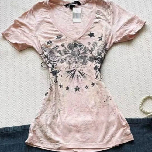 Load image into Gallery viewer, Women Vintage Print All Match Slim Waist Tees Streetwear Grunge V-neck Tops Y2k Aesthetic Casual T-Shirts Female Korean Harajuku
