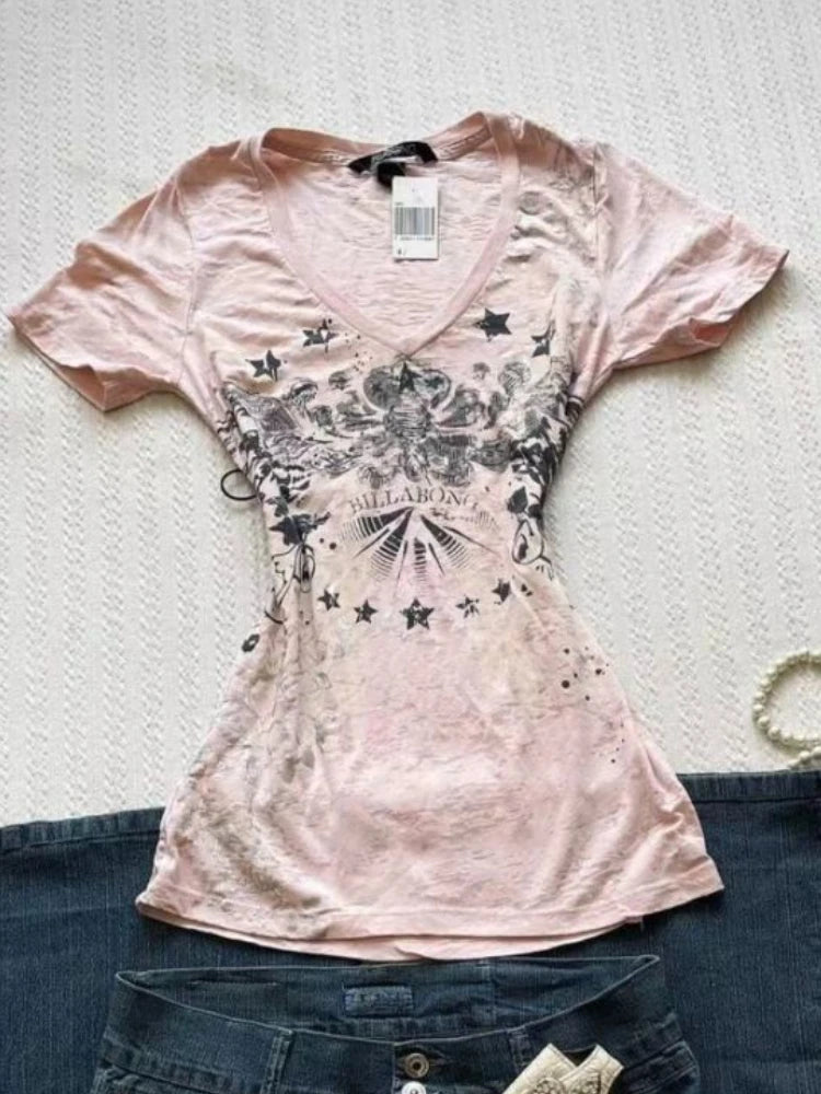 Women Vintage Print All Match Slim Waist Tees Streetwear Grunge V-neck Tops Y2k Aesthetic Casual T-Shirts Female Korean Harajuku