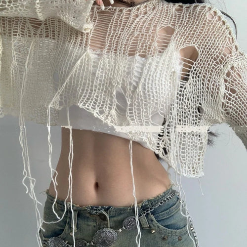 Load image into Gallery viewer, Summer Fairy Hollow Out Streetwear Crop T-shirts Grunge Loose Y2k Aesthetic Tees Harajuku Vintage Casual Knitted Tops Women
