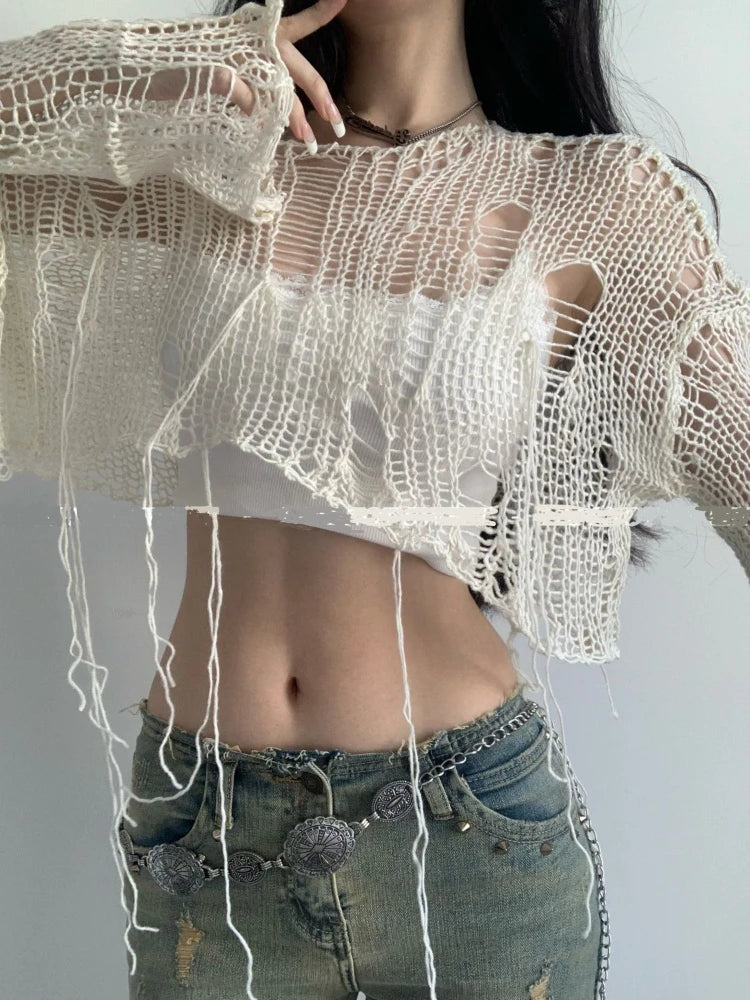 Summer Fairy Hollow Out Streetwear Crop T-shirts Grunge Loose Y2k Aesthetic Tees Harajuku Vintage Casual Knitted Tops Women