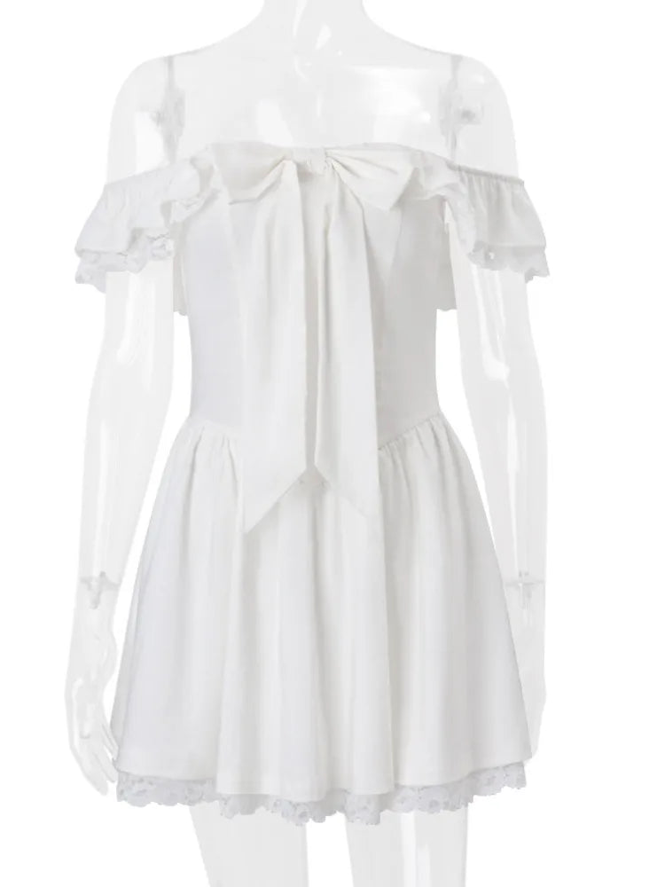 Off-shoulder Backless Sexy Mini Dress Women Robe Fashion White Strapless Sleeveless High Waist Lace Club Dress Female