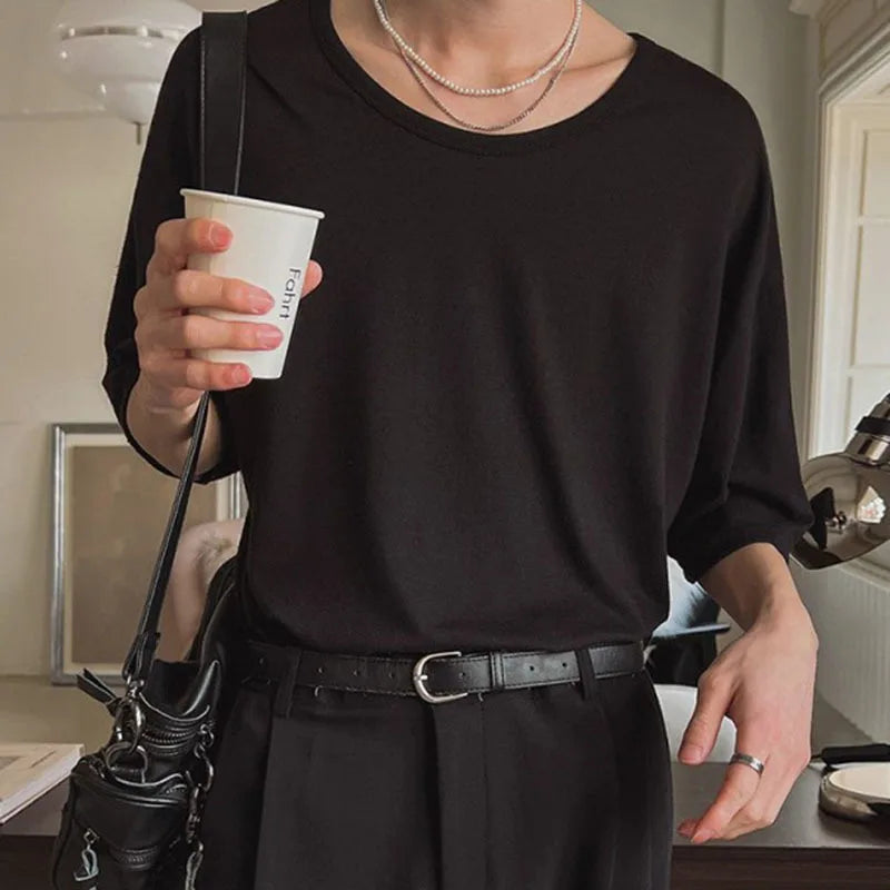 Men's T-shirts Short Sleeve New Summer Loose Round Neck Design Korean Solid Color Simple Trendy Pullover Male Top 9W1619