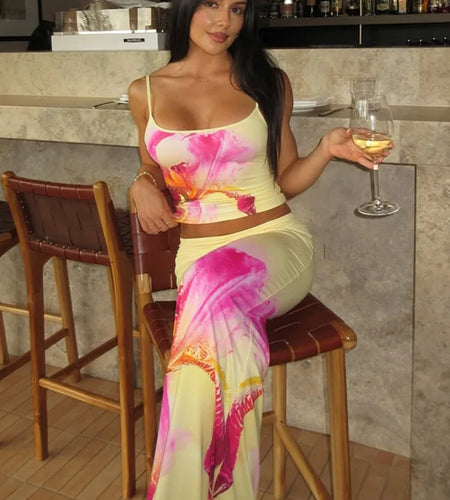 Print Two Piece Sets Women Halter Cropped Top And Maxi Skirt Ladies Fashion Summer New High Waist Skinny Skirt Set