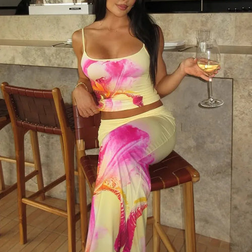 Load image into Gallery viewer, Print Two Piece Sets Women Halter Cropped Top And Maxi Skirt Ladies Fashion Summer New High Waist Skinny Skirt Set
