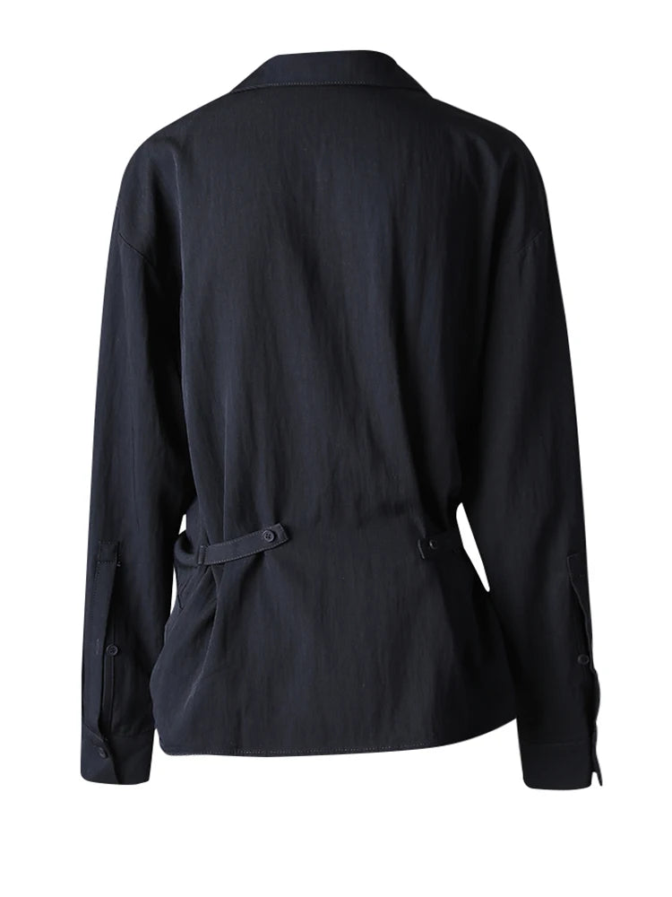 Women Balck Irregular Knot Big Size Elegant Blouse New Lapel Long Sleeve Shirt Fashion Tide Spring Autumn 2025 CPG3249