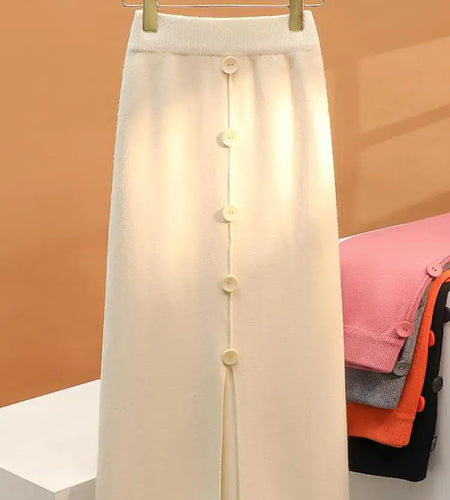 Solid Knit Wrap Hip Skirts Women 2023 Autumn Winter New Fashion Midi Skirt Vintage Casual Elastic High Waist Button Split Skirt