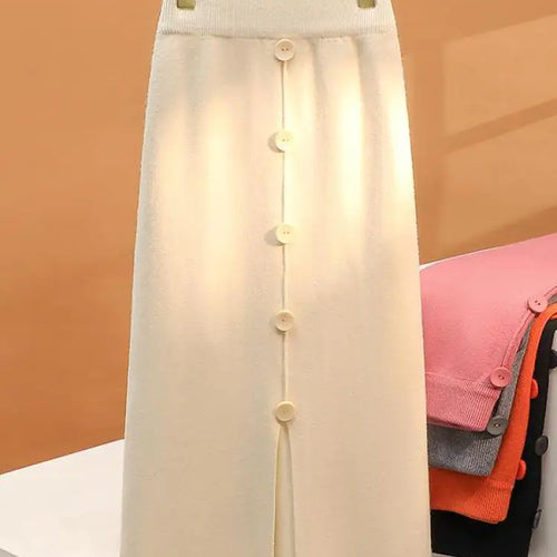 Load image into Gallery viewer, Solid Knit Wrap Hip Skirts Women 2023 Autumn Winter New Fashion Midi Skirt Vintage Casual Elastic High Waist Button Split Skirt
