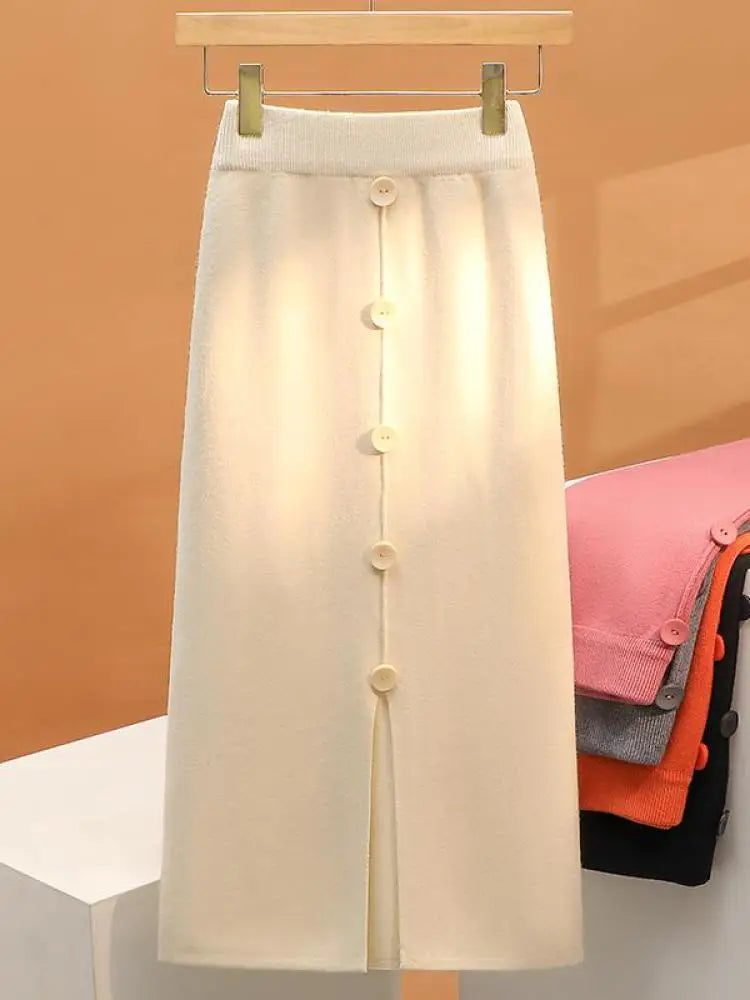 Solid Knit Wrap Hip Skirts Women 2023 Autumn Winter New Fashion Midi Skirt Vintage Casual Elastic High Waist Button Split Skirt