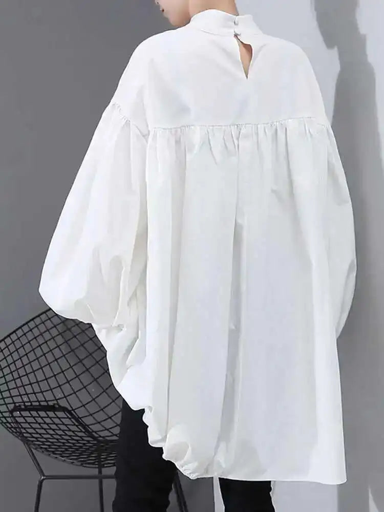 Women Back Long Drawstring Big Size Blouse New Satnd Collar Long Sleeve Loose Fit Shirt Fashion Spring Autumn 2025 1Z189