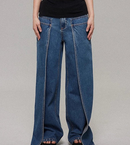Loose Design Sense Minimalist Jeans for Women High Waist Spliced Pockets Fashion Wide Leg Jean Female Clothing New