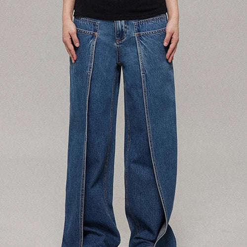 Load image into Gallery viewer, Loose Design Sense Minimalist Jeans for Women High Waist Spliced Pockets Fashion Wide Leg Jean Female Clothing New

