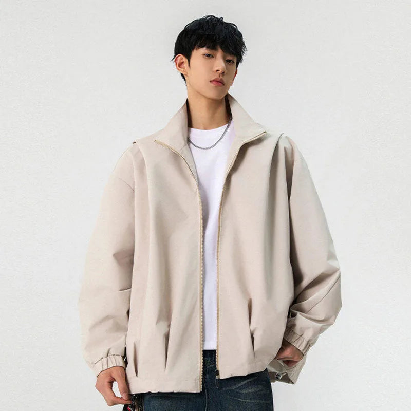Male Hooded Jacket Solid Color Spring New High Street Drawstring Casual Zipper Tide Style Men's Jackets American 9W1241