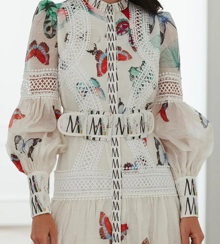 Printing Sheer Spliced Single Breasted Dresses for Women Round Neck Long Sleeves Patchwork Belt Dress Female New