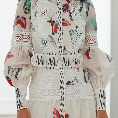 Load image into Gallery viewer, Printing Sheer Spliced Single Breasted Dresses for Women Round Neck Long Sleeves Patchwork Belt Dress Female New
