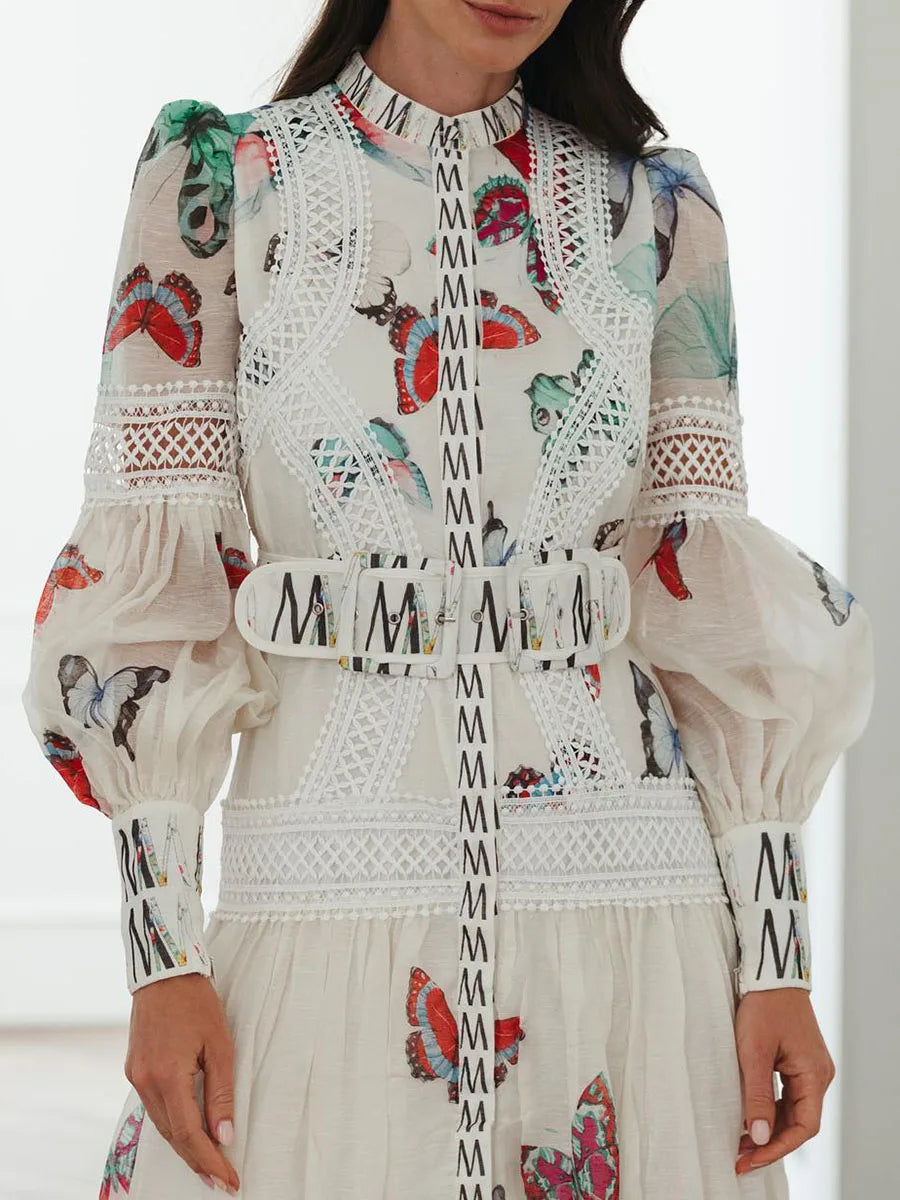 Printing Sheer Spliced Single Breasted Dresses for Women Round Neck Long Sleeves Patchwork Belt Dress Female New