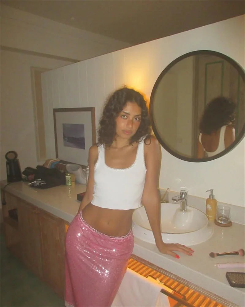 Sequin Summer Beach Sexy Skirt Women Elegant Sparkle High Waist A-line Skirts Female Pink Vacation Club Party Skirt