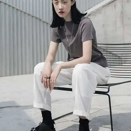 Load image into Gallery viewer, Women Gray Brief White Plain Color Casual T-shirt New Round Neck Short Sleeve Fashion Tide Spring Summer 2025 1W028
