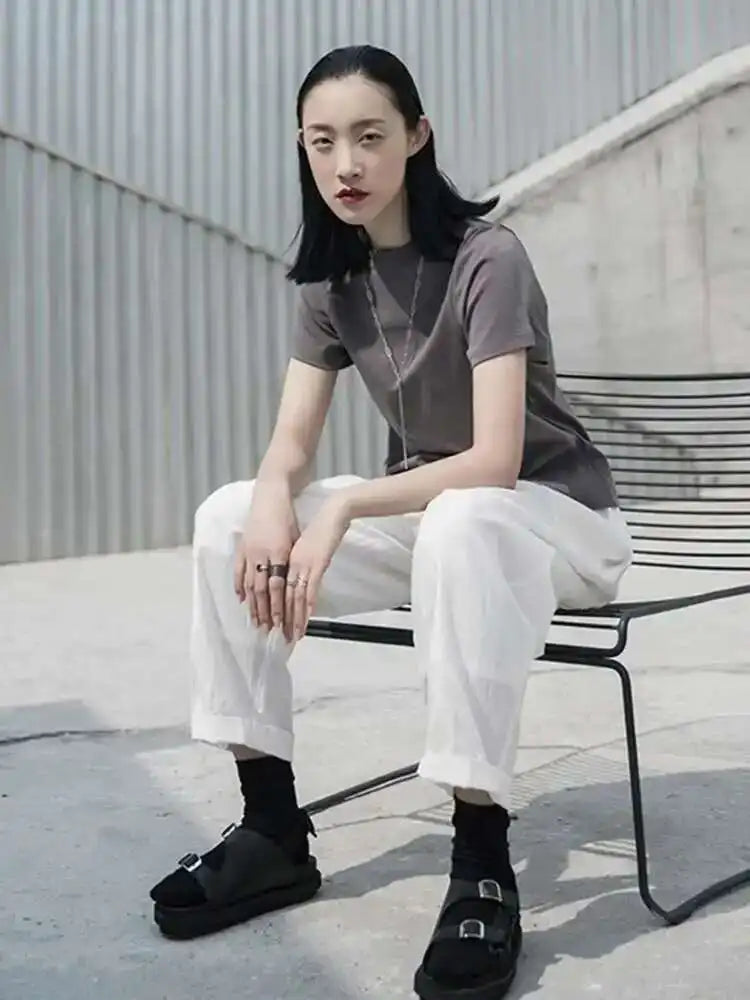 Women Gray Brief White Plain Color Casual T-shirt New Round Neck Short Sleeve Fashion Tide Spring Summer 2025 1W028