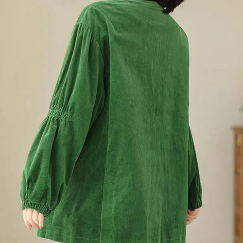 Load image into Gallery viewer, Women Green Retro Artistic Corduroy Blazer Jacket Spring Autumn V Neck Long Sleeve Versatile Loose High-end Workwear Suit Coats

