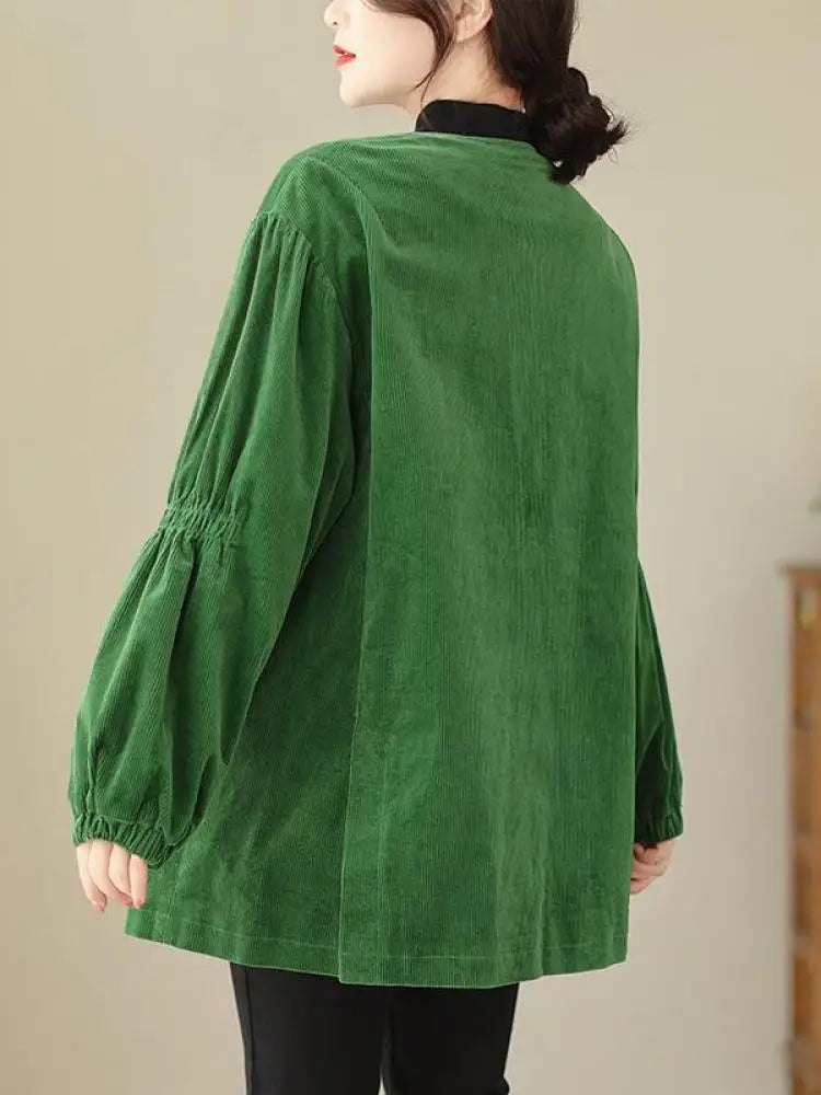 Women Green Retro Artistic Corduroy Blazer Jacket Spring Autumn V Neck Long Sleeve Versatile Loose High-end Workwear Suit Coats