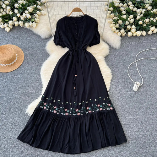 Load image into Gallery viewer, Retro 2024 Summer New Women's Round Neck Embroidered Lace Patchwork Lace Up Long Dresses Fashion Short Sleeves Button Dress Boho

