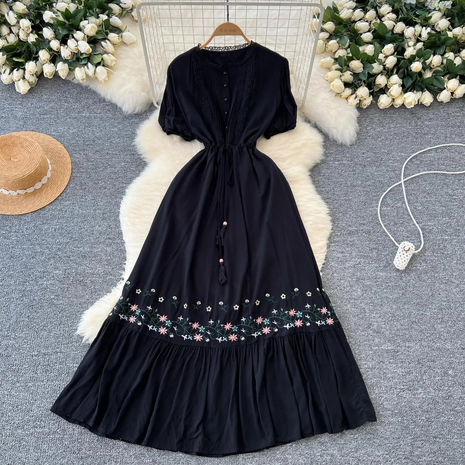 Retro 2024 Summer New Women's Round Neck Embroidered Lace Patchwork Lace Up Long Dresses Fashion Short Sleeves Button Dress Boho