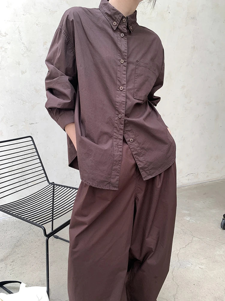 Women Coffee Brief Pocket Big Size Elegant Blouse New Lapel Long Sleeve Shirt Fashion Tide Spring Autumn 2025 1DH8367