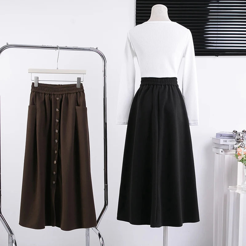 Korean Black Single Breasted Vacation Pleated Skirt Women's 2024 Autumn Winter Brown Elegant High Waist Plus Size Long Skirt New
