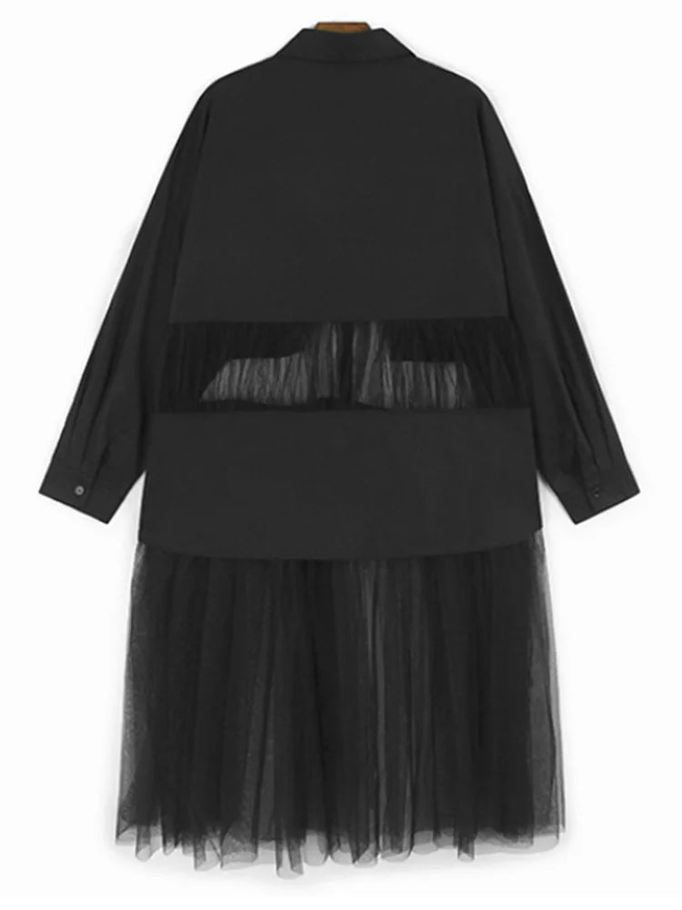 Women Black Mesh Perspective Big Size Midi Shirt Dress New Lapel Long Sleeve Fashion Tide Spring Autumn 2025 1DJ0140