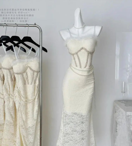 French Vintage Beige Lace Elegant Sexy Club Sleeveless Long Dresses Women Autumn Winter Off Shoulder Backless Velvet Slip Dress