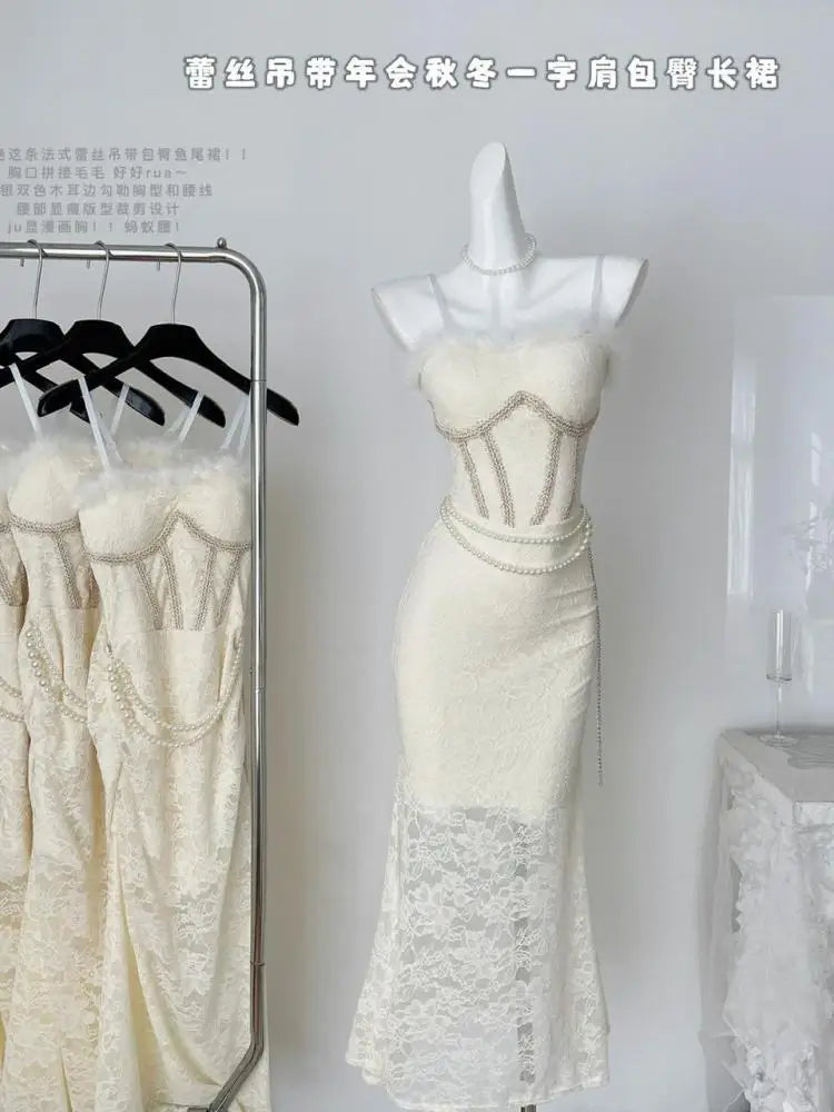 French Vintage Beige Lace Elegant Sexy Club Sleeveless Long Dresses Women Autumn Winter Off Shoulder Backless Velvet Slip Dress