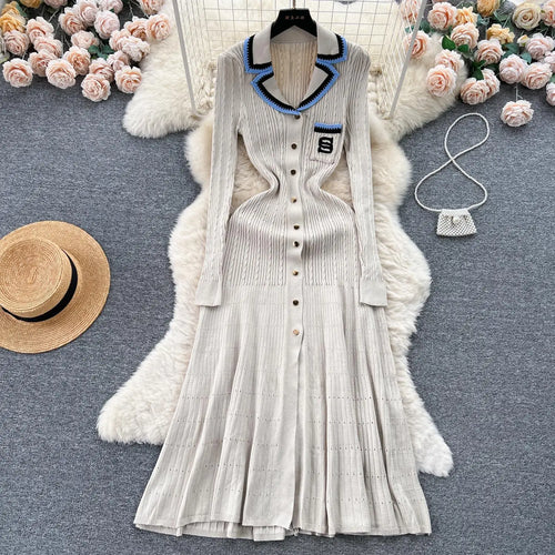 Load image into Gallery viewer, Women Elegant Patchwork Embroidery Knit Sweater Long Dress Autumn Winter Casual Fashion Slim Long Sleeve Button Dresses New 2023
