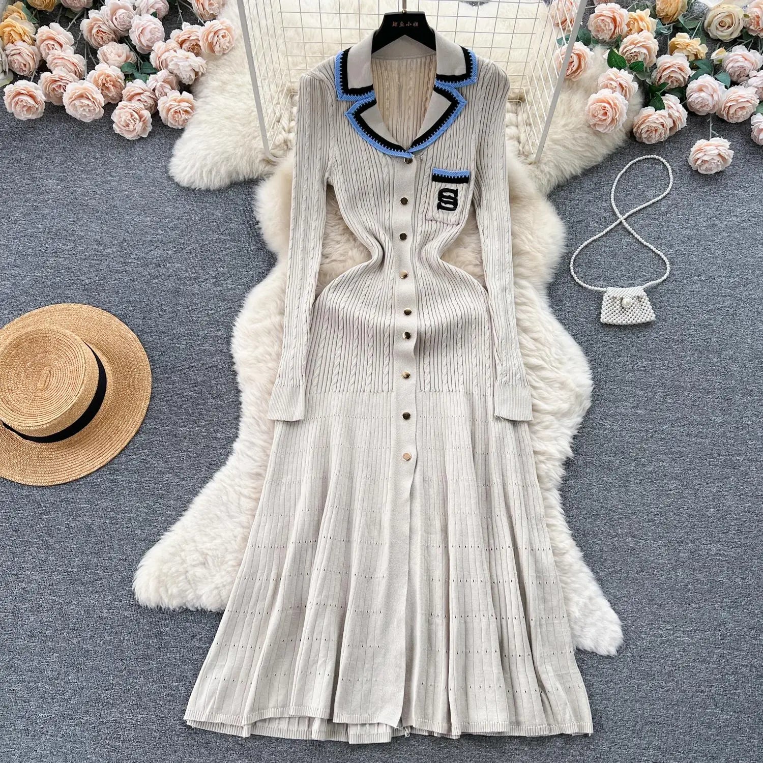 Women Elegant Patchwork Embroidery Knit Sweater Long Dress Autumn Winter Casual Fashion Slim Long Sleeve Button Dresses New 2023