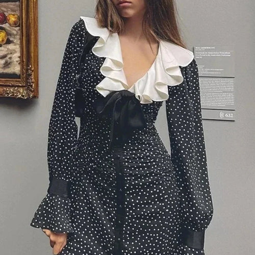 Load image into Gallery viewer, Ruffle Bow Flare Sleeve Long Dresses for Women Vintage French Style Polka Dot Black Dress Vacation Outfits C33-EZ24
