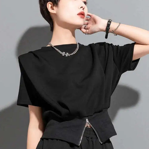 Load image into Gallery viewer, Women Black Zipper Slit Hem Big Size Casual T-shirt New Round Neck Short Sleeve Fashion Tide Spring Summer 2025 1DF7911
