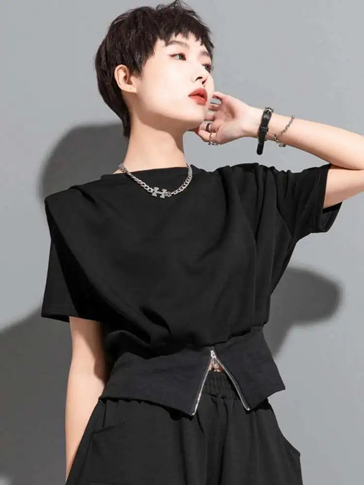 Women Black Zipper Slit Hem Big Size Casual T-shirt New Round Neck Short Sleeve Fashion Tide Spring Summer 2025 1DF7911