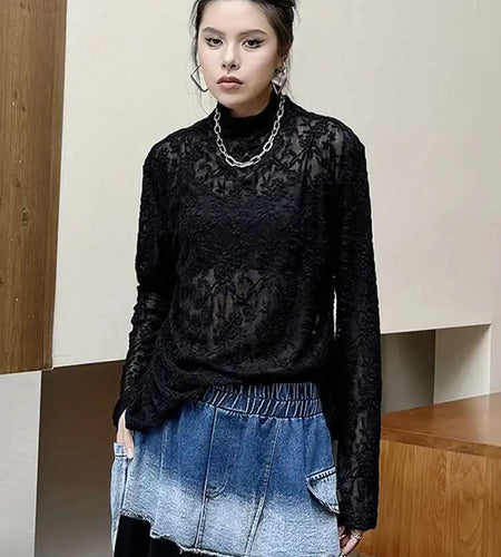 Women Black Thin Lace Perspective Elegant Big Size T-shirt New Turtleneck Long Sleeve Fashion Spring Autumn 2025 1DH7141