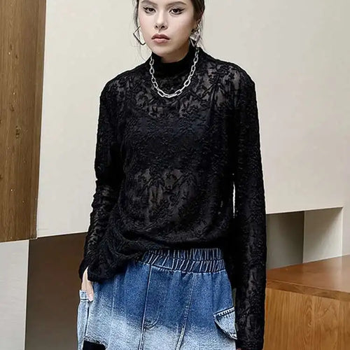 Load image into Gallery viewer, Women Black Thin Lace Perspective Elegant Big Size T-shirt New Turtleneck Long Sleeve Fashion Spring Autumn 2025 1DH7141
