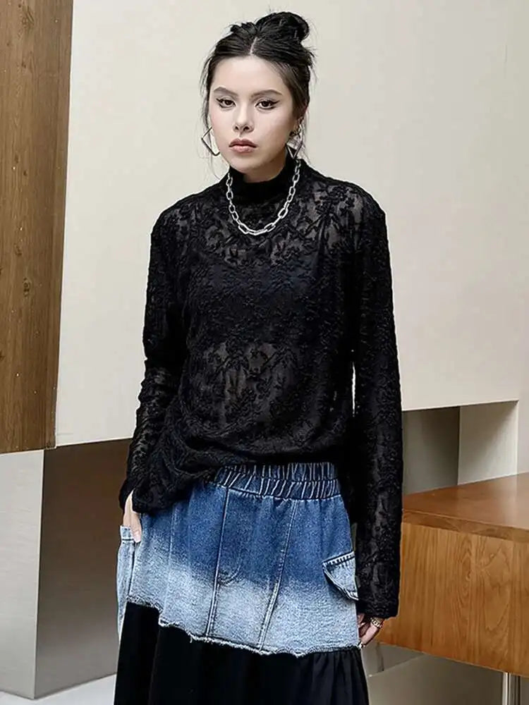 Women Black Thin Lace Perspective Elegant Big Size T-shirt New Turtleneck Long Sleeve Fashion Spring Autumn 2025 1DH7141
