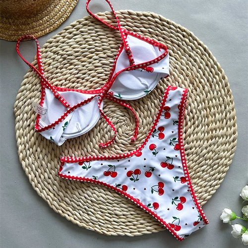 Load image into Gallery viewer, Cute Cherry Printed Underwired Brazilian Bikini Women Swimwear Bandage Female Swimsuit Sexy Bathing Suit
