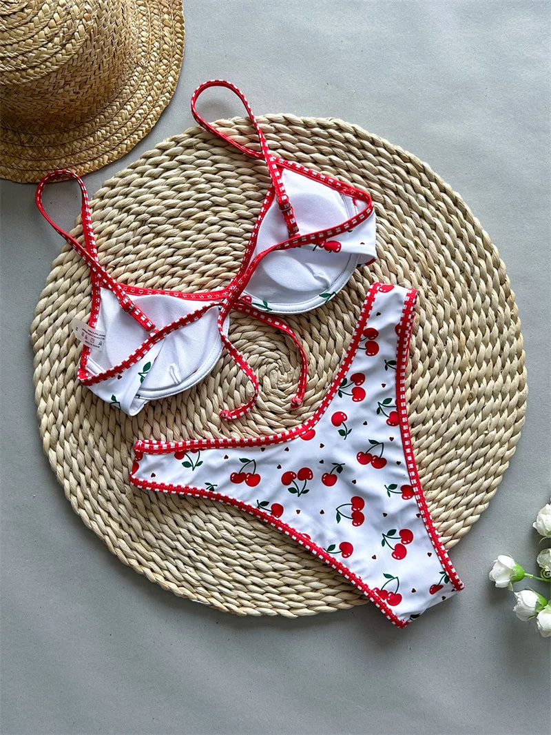 Cute Cherry Printed Underwired Brazilian Bikini Women Swimwear Bandage Female Swimsuit Sexy Bathing Suit