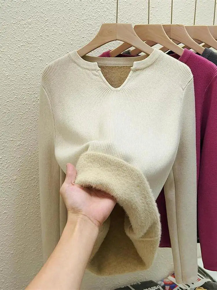 Autumn Winter Korean Fashion Solid V Neck Velvet Knit Crochet Sweater Women Warm Long Sleeve Pullovers Tops Casual Popular Trend